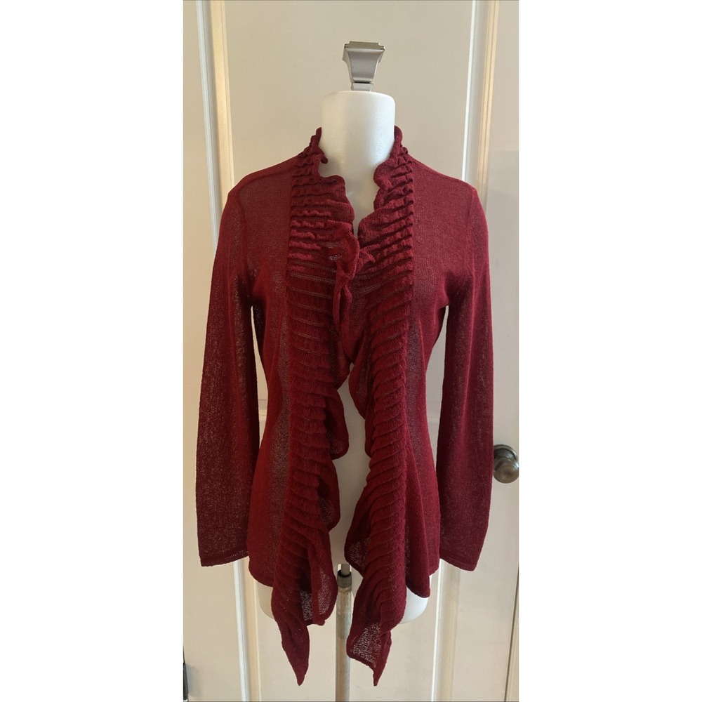 Eileen Fisher Linen Blend Open Front Cardigan Ruffle Red Size S Loose Knit Sheer